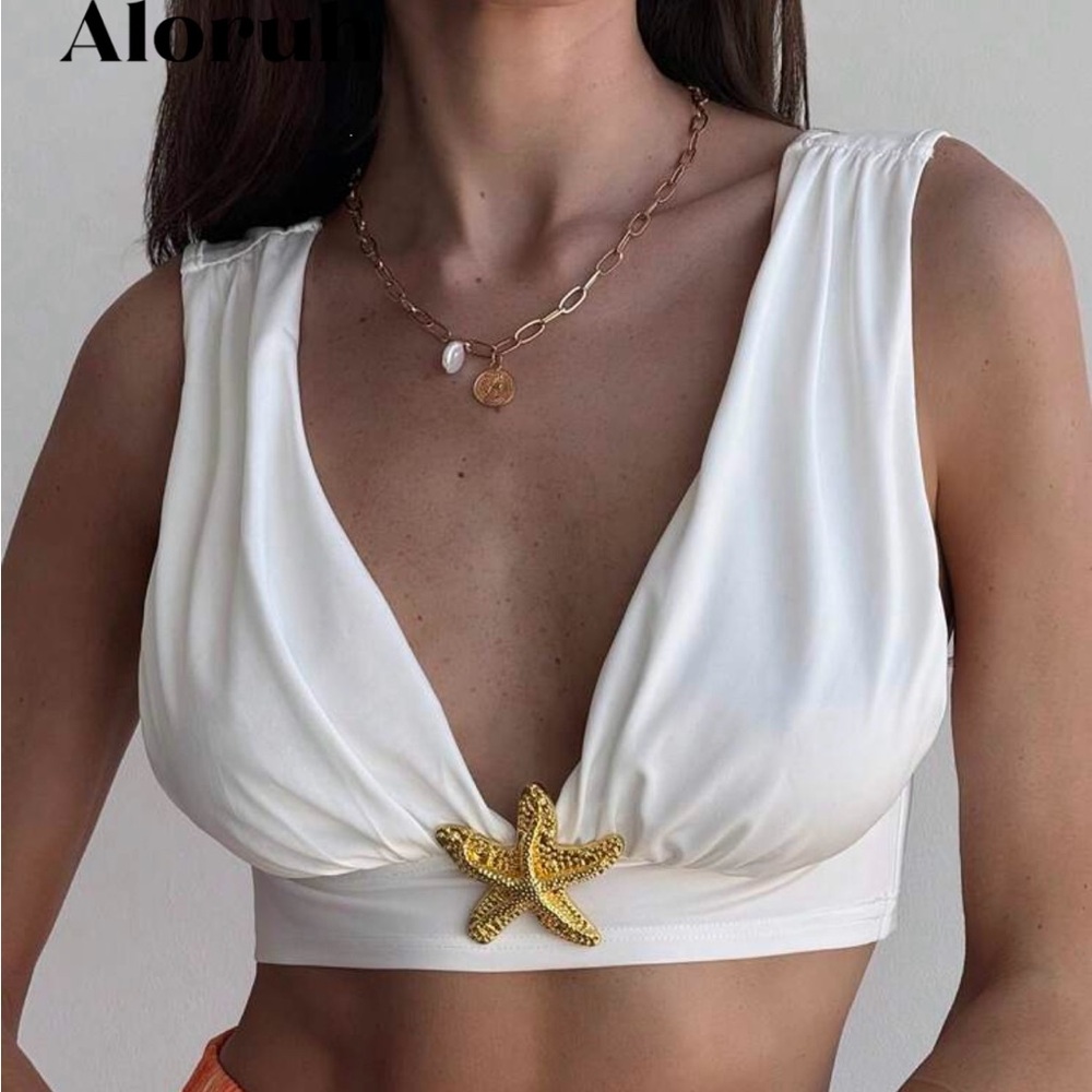 SHEIN White Crop Top with Gold Starfish Accent